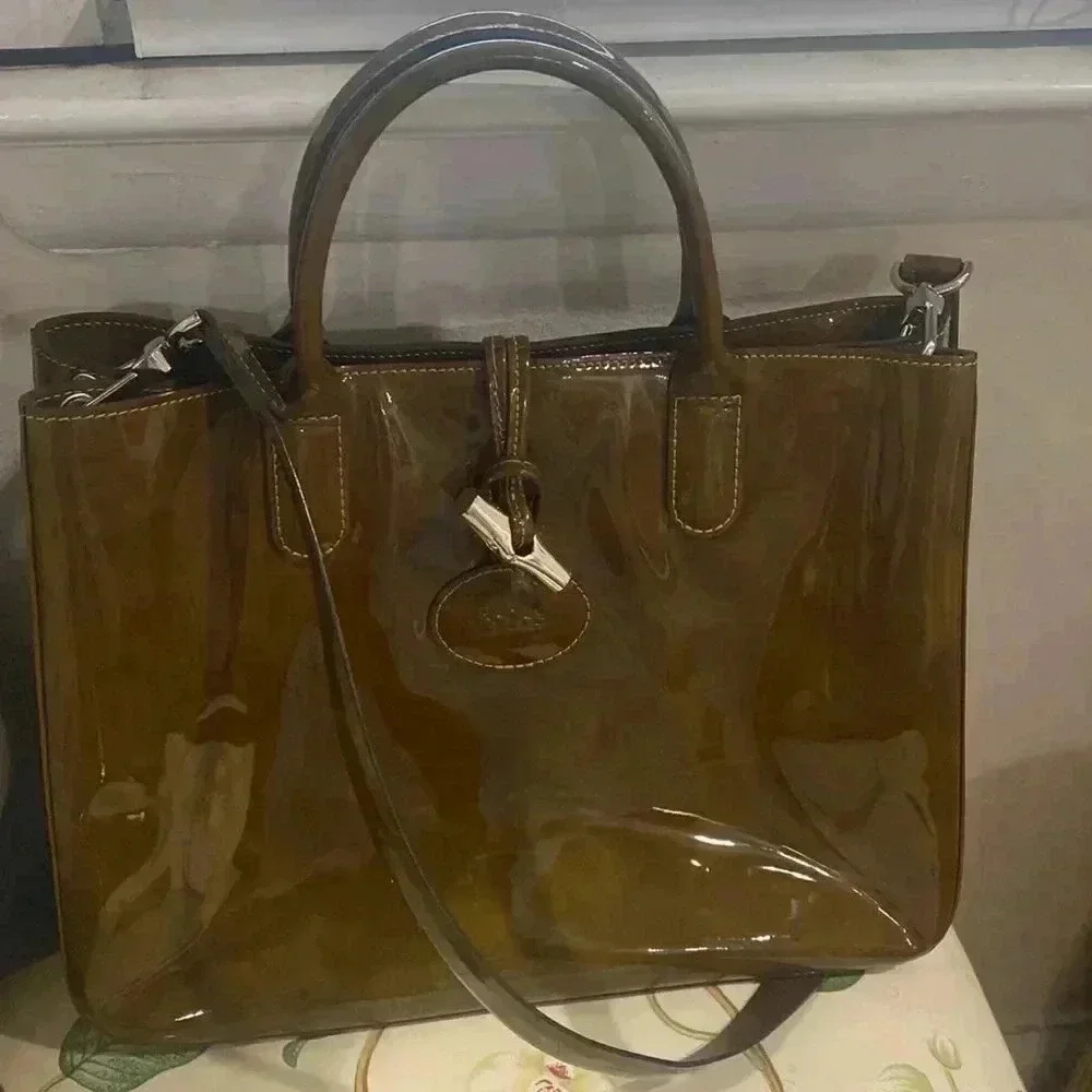 LONGCHAMP Brown Tortoise Patent Leather Large Roseau Toggle Tote